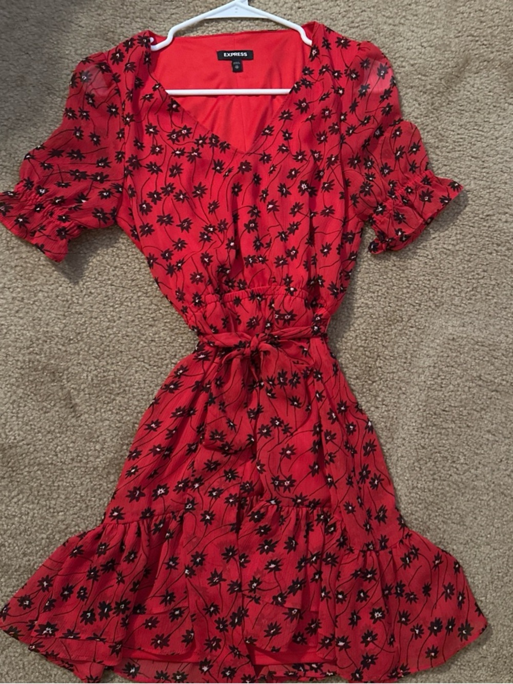Express Red Floral Tie-Waist Mini Dress